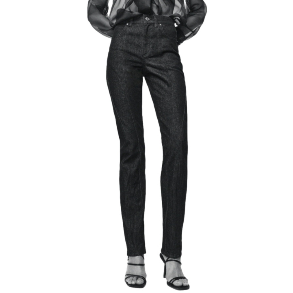 NWT ZARA Black high waist barrel straight slim long jeans